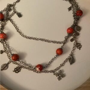 Silver and orange bead 3 tiered necklace